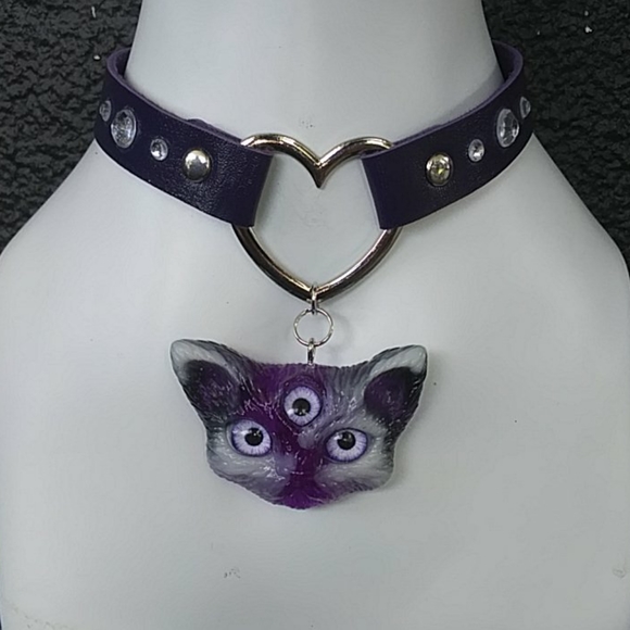 Corpse Candy Designs Jewelry - Purple Evil Eye Resin Cat Head Choker Necklace